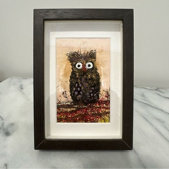 Framed Owl Art Painting signed - Black and Brown - Picture 2 of 13